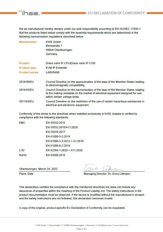 Konformitätserklärung Draco vario IP CPU/Draco vario IP CON. Schrift auf weißem Hintergrund.