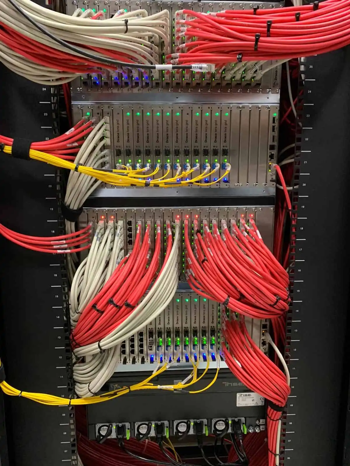 Ihse Server mit verschiedenen Kabeln und Draco KVM Switches sowie KVM-Systeme in Anlehnung an die Case-Study Israel Railways.