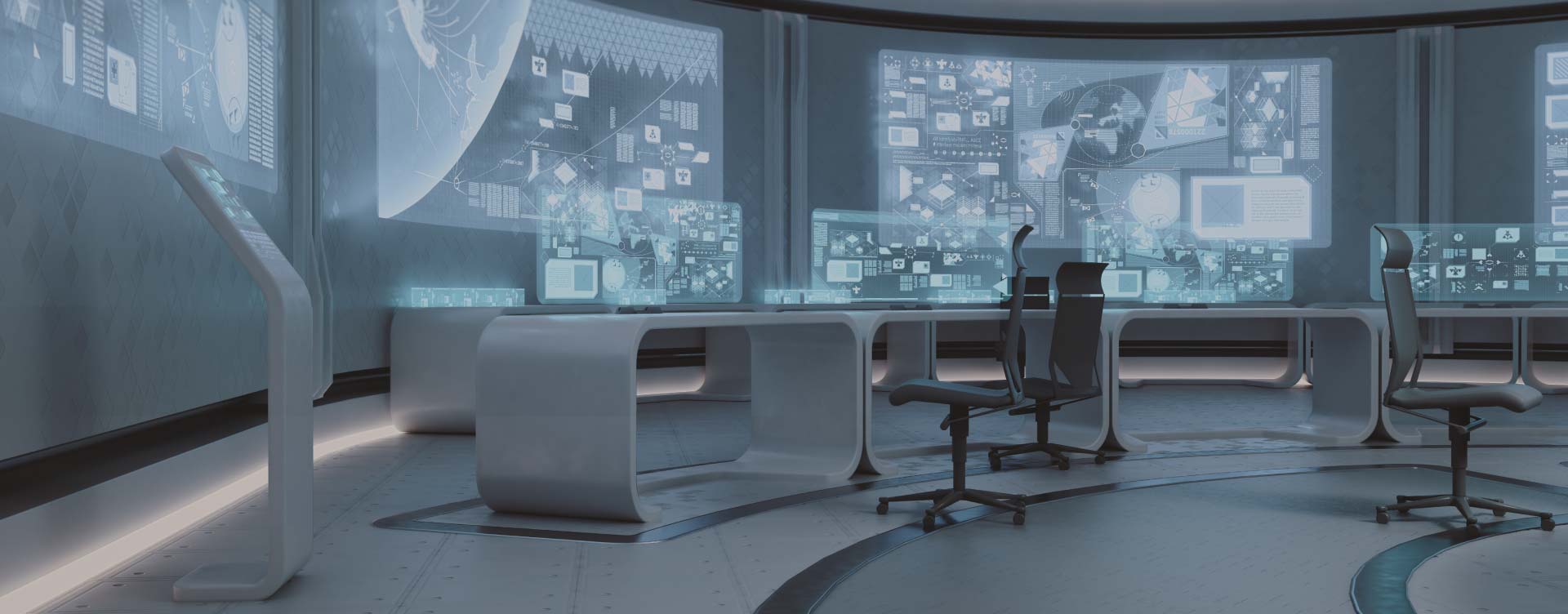 A futuristic control room with several white tables and black chairs in front of three large screens and control panels, operating with IHSE KVM solutions.