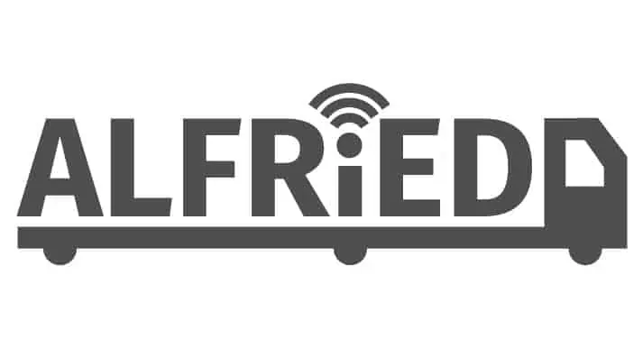 "ALFRIED logo with black letters on white background. The writing is underlined by a truck graphic, representing the automated and connected driving initiative for inner-city logistics funded by the German Federal Ministry of Digital Affairs and Transport."