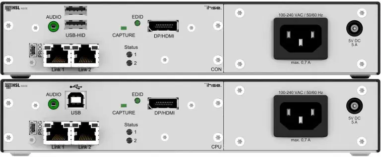 The connections and ports on the back of a grey KVM Extender by IHSE in front of a white background. The Isolated Secure Extender allows protected computer access and protects mission critical work environments from bulk data theft.