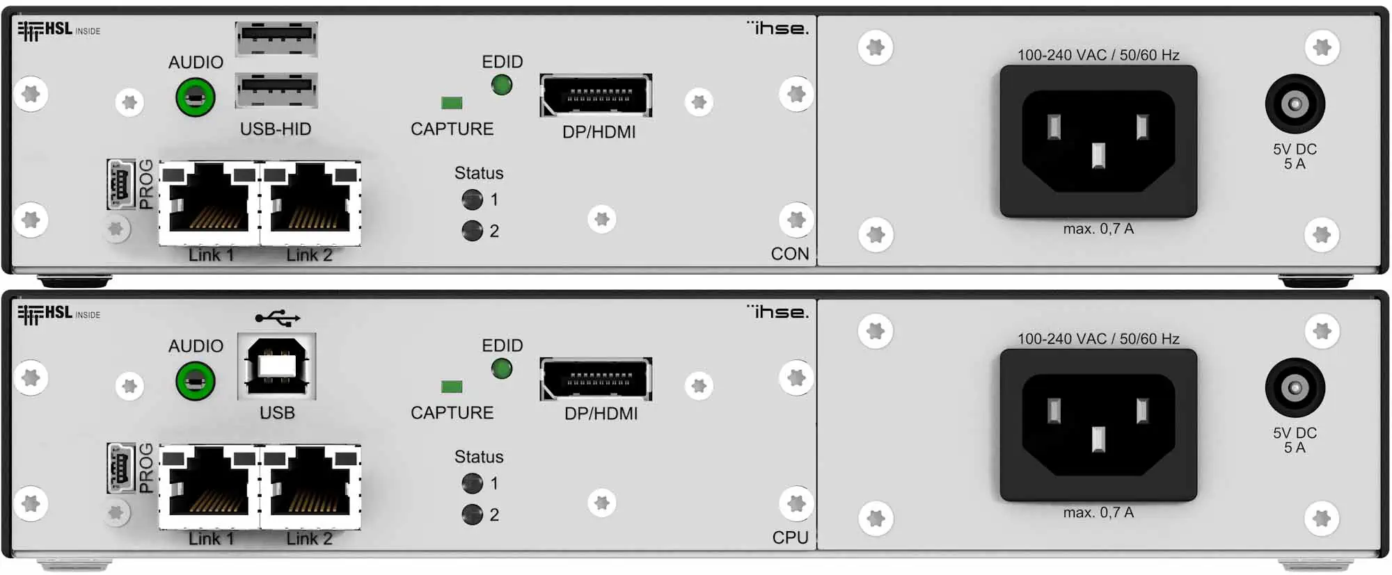 The connections and ports on the back of a grey KVM Extender by IHSE in front of a white background. The Isolated Secure Extender allows protected computer access and protects mission critical work environments from bulk data theft.