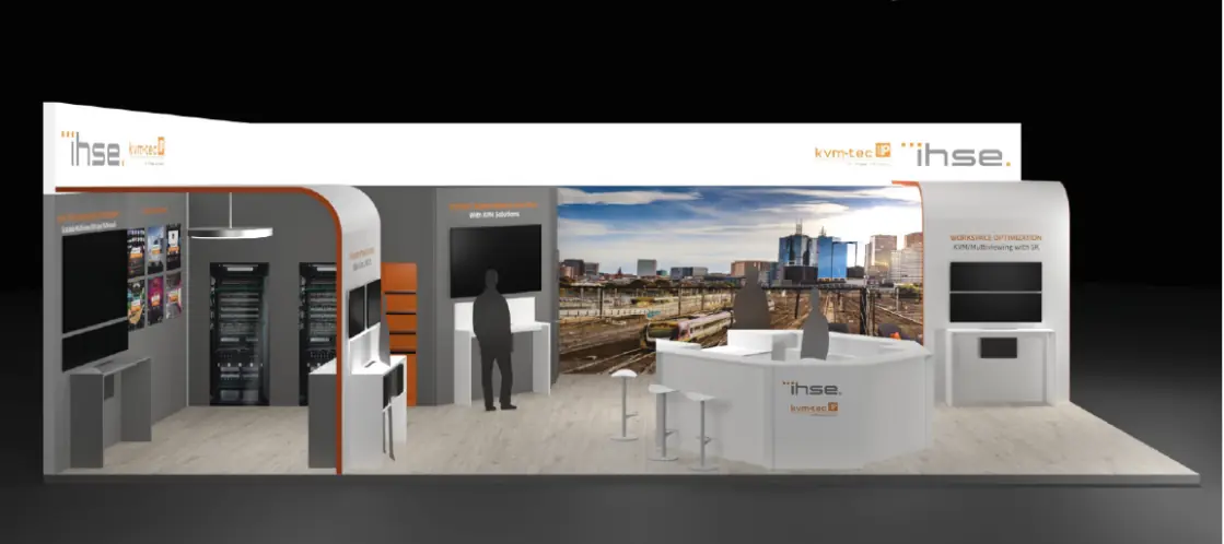 Rendering of the IHSE exhibition stand for the ISE Barcelona 2023. Spread over four solution stations, we will highlight the advantages of our comprehensive range of KVM products and showcase flexible, secure, and high-quality solutions for the AV sector in demanding industrial and commercial environments. 