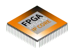 Microchip with orange top, topped by a gray square featuring 'FGPA JPEG XS IP CORE' text.