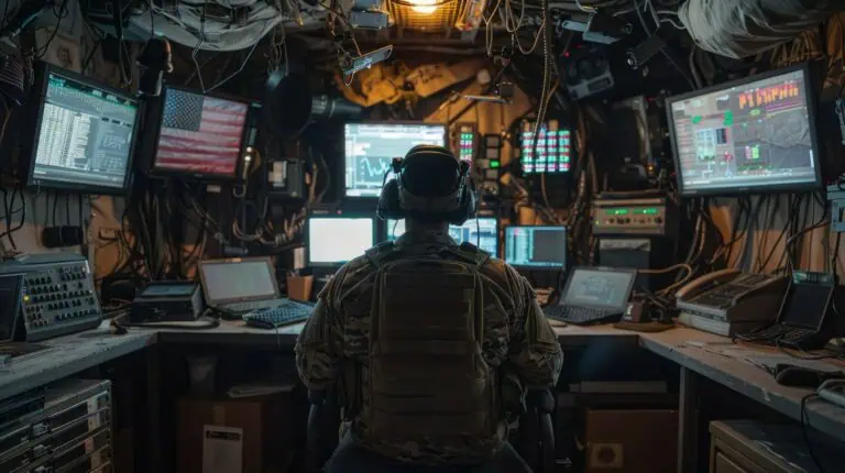 "Back view of a soldier with tactical gear and headset operating in a mobile military communications center, 
surrounded by multiple surveillance monitors, data screens, and technical equipment"